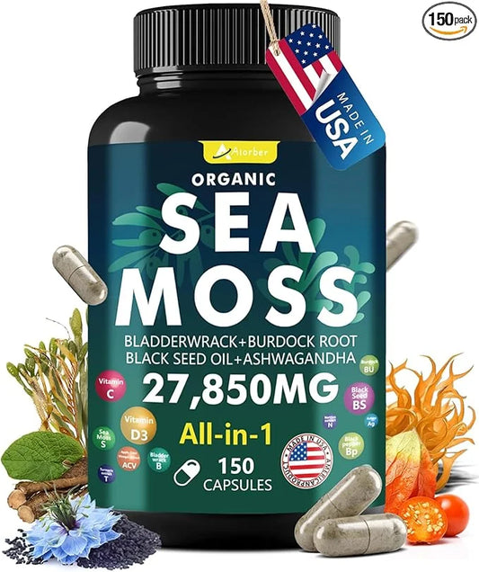Sea Moss Capsules，Irish Sea Moss Capsules - with Aşhwagandha, Black Seed Oil & Turmeric - 150 Capsules - Product Image