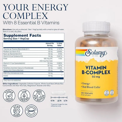 SOLARAY Vitamin B Complex 50mg B12, B6 B6 and 250 VegCaps