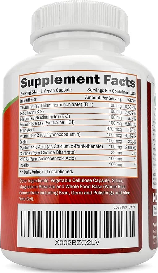 Vitamin B Complex 8 Super B1, B2, B2, B3, B3, B5, B5, B6, B6, B8, B8, B9 B9 & B12 - B100 Complex 180 Vegan 6 Month