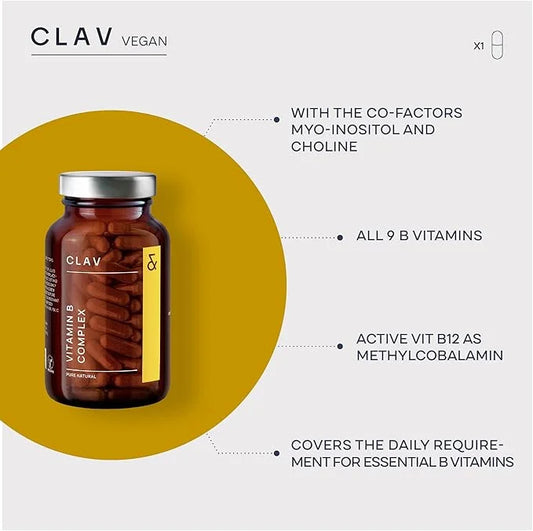 CLAV Vitamin B Complex - 120 Capsules - All 8 B Vitamins with Co-Factors Myo-Inositol & Choline - Supports Energy Metaboli...