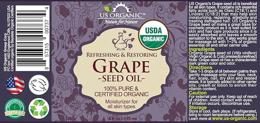 US Organic Grape Seed Oil, USDA Certified Organic, 100% Pure & Natural, Cold Pressed Virgin, Unrefined, in Amber Glass Bot...