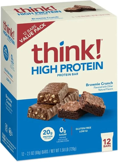 think! Protein Bars, High Protein Snacks, Gluten Free, Kosher Friendly, Brownie Crunch, Nutrition Bars, 2.1 Oz per Bar, 12...