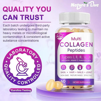 Multi Collagen Peptides Softgel - Type I, II, III, V, X - Hydrolyzed Collagen Peptides with Biotin, Vitamin C, Hyaluronic ...