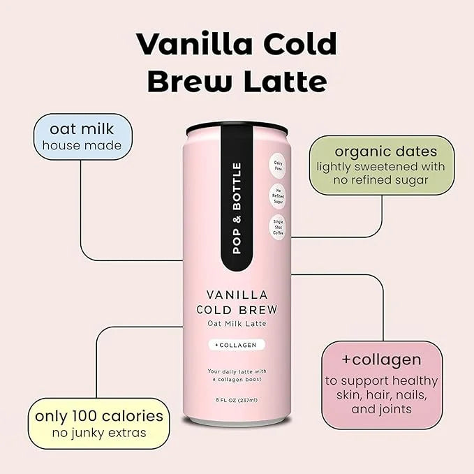 Pop & Bottle Classic & Vanilla Oat Milk Lattes - Cold Brew, Marine Collagen & Antioxidants, MCT Oil, Organic, Dairy Free, ...