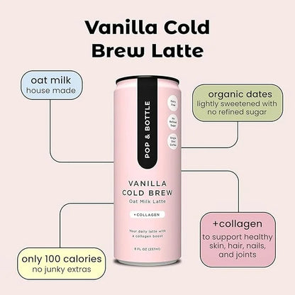 Pop & Bottle Classic & Vanilla Oat Milk Lattes - Cold Brew, Marine Collagen & Antioxidants, MCT Oil, Organic, Dairy Free, ...