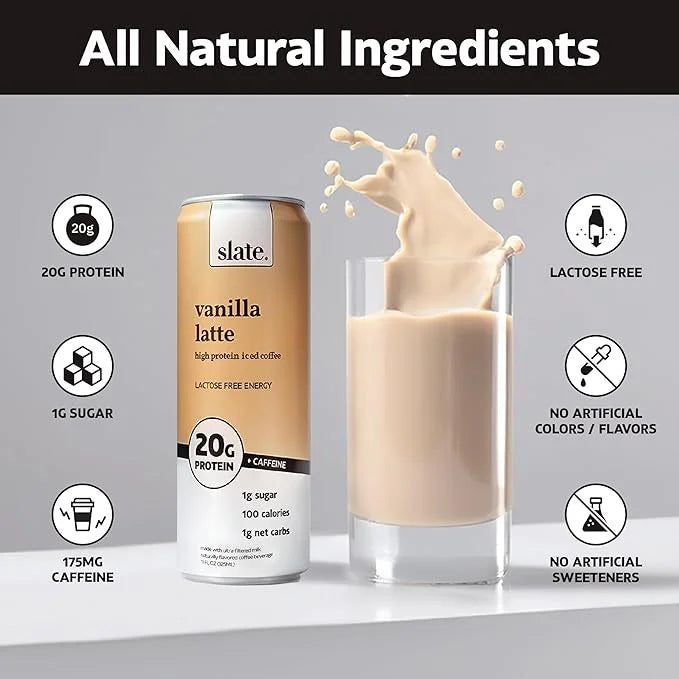 Slate Milk - High Protein Iced Coffee - Vanilla Latte - 175mg Caffeine, Lactose Free Energy - 20g Protein, 1g Sugar, 100 C...