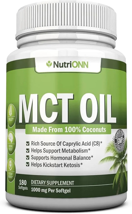 MCT Oil - 3000mg Per Serving - 180 Softgels - Made from 100% Organic Coconuts - Non GMO, Cold Pressed, Paleo Friendly Caps...