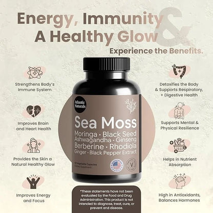 Atlantic Naturals Sea Moss Black Seed Oil Ashwagandha Ginger Capsules. Sea Moss with Black Seed Oil, Ashwagandha, Ginseng,...