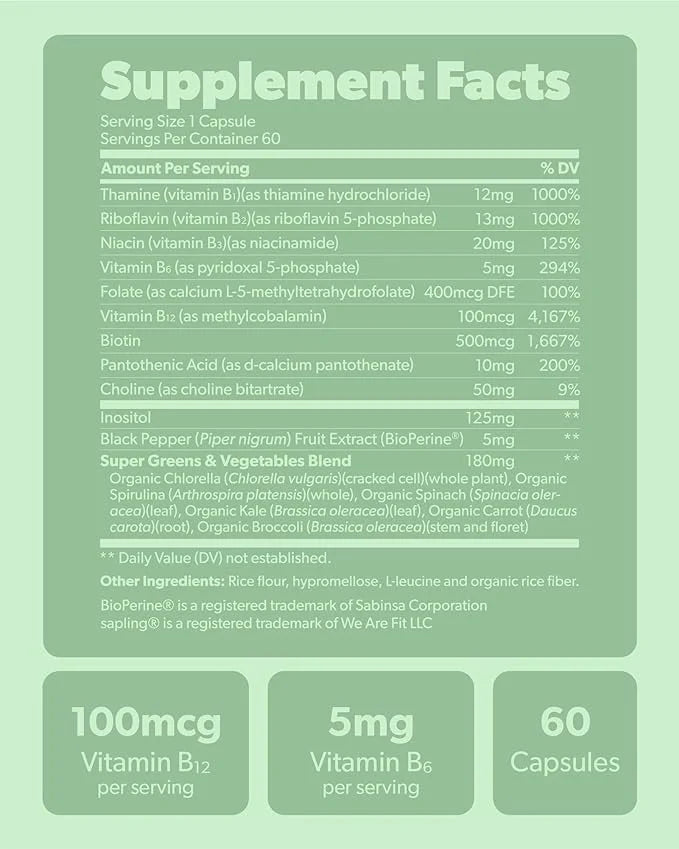 sapling Vegan Vitamin B Complex B1, B2, B2, B3, B3, B5, B5, B6, B6, B7, B7, Folate, B12-60 Caps