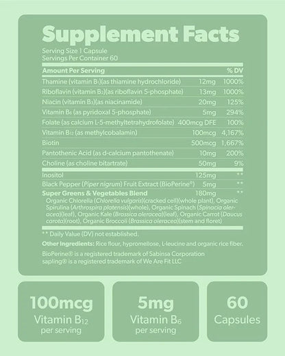 sapling Vegan Vitamin B Complex B1, B2, B2, B3, B3, B5, B5, B6, B6, B7, B7, Folate, B12-60 Caps