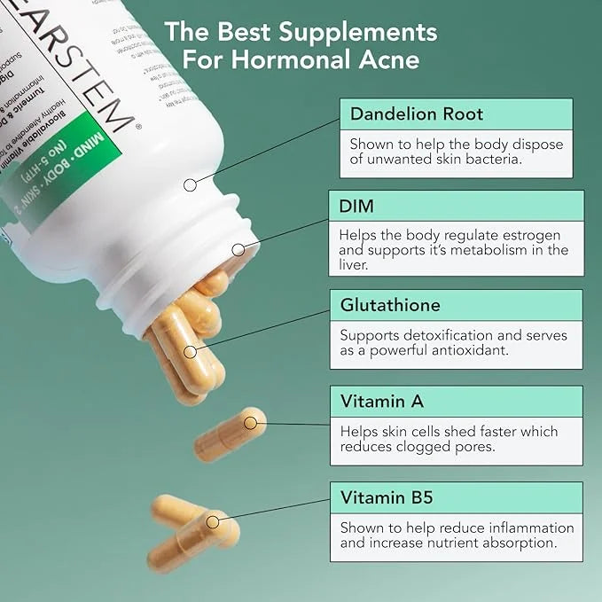 CLEARSTEM - MINDBODYSKIN Hormonal Acne Supplement (No 5-HTP) - Natural DIM Supplement - Skin Care Vitamins - Hormone Balan...