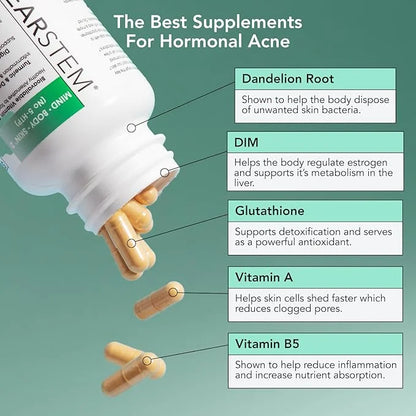 CLEARSTEM - MINDBODYSKIN Hormonal Acne Supplement (No 5-HTP) - Natural DIM Supplement - Skin Care Vitamins - Hormone Balan...