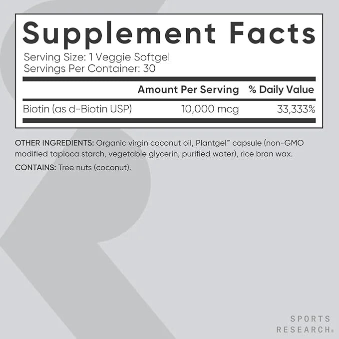 Sports Research Vegan Biotin 10,000mcg B7 for 30 Softgels