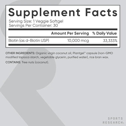 Sports Research Vegan Biotin 10,000mcg B7 for 30 Softgels