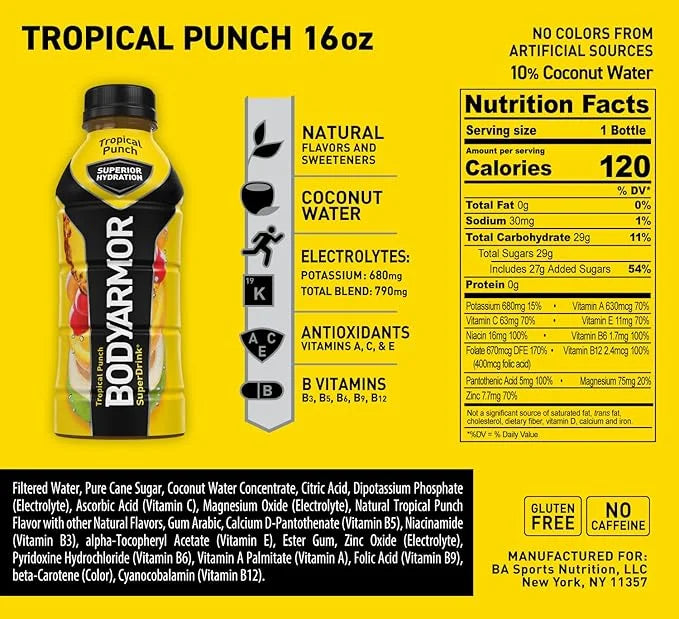 BODYARMOR Sports Drink Sports Beverage, Tropical Punch, Coconut Water Hydration, Natural Flavors With Vitamins, Potassium-...