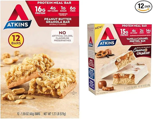 Atkins Peanut Butter Granola Protein Meal Bar, High Fiber, 16g Protein, 1g Sugar, 4g Net Carb, 12 Count & Atkins Vanilla C...