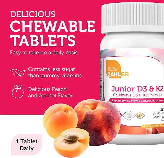 Zahler - Junior Vitamin D3 + K2 Chewable Tablets for Kids| Vitamin D for Kids 2000 IU | Delicious Vitamin D K2 Chews to Su...