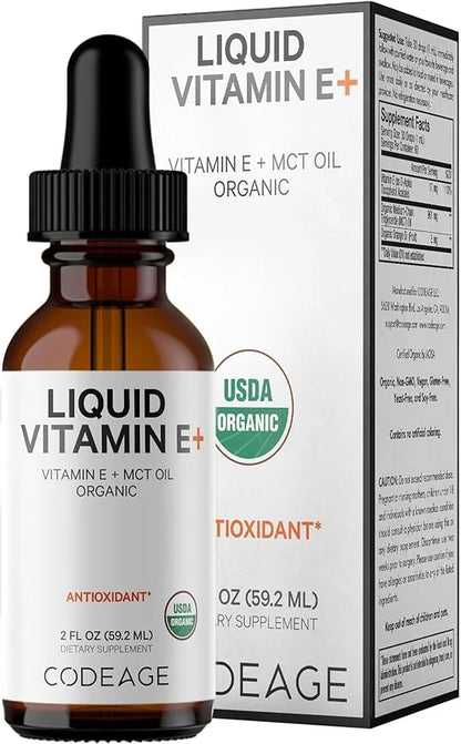 Codeage Liquid Vitamin E+ - USDA-Certified Organic Vitamin E - 2-Month Supply - D-Alpha Tocopherol Acetate, Organic MCT Oi...