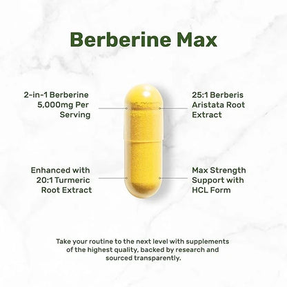 Berberine Max Supplement with Turmeric, 5,000mg 240 Veggie 97% Pure 25:1 Berberine