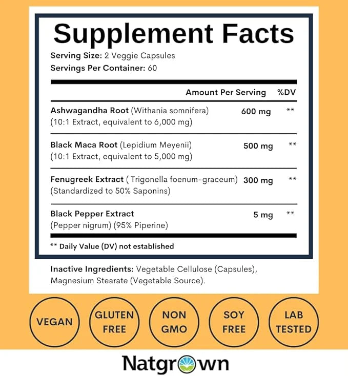 Natgrown Ashwagandha Maca Root Fenugreek Extract (120 Count)
