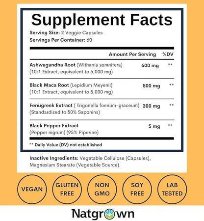 Natgrown Ashwagandha Maca Root Fenugreek Extract (120 Count)
