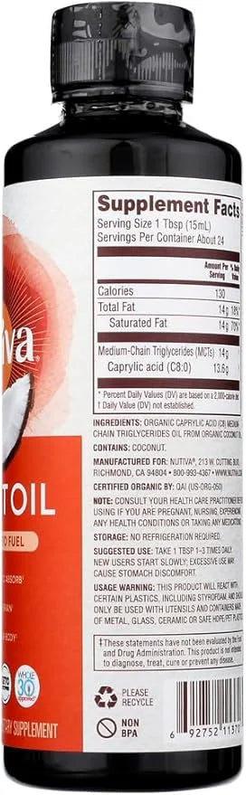 Nutiva Organic C8 MCT Oil, Ultimate Keto Fuel from Non-GMO Coconuts, 14g MCT 12 Fl Oz, USDA Organic, Whole 30, Vegan & Glu...