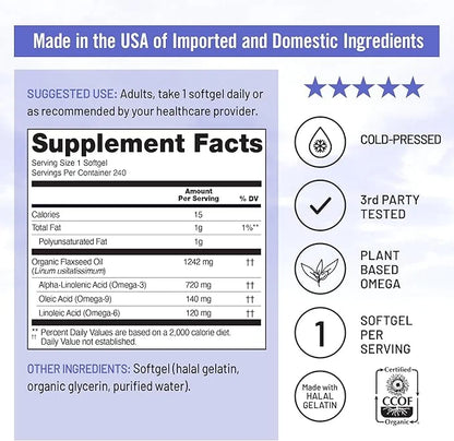 NatureWise Flaxseed Oil 1200 mg, Fish Free Omega 3 6 9 with 720mg ALA, Dietary Supplement for Heart Health Support - Organ...