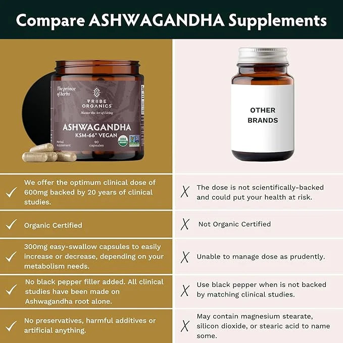 TRIBE ORGANICS Vegan Ashwagandha KSM 66 600mg of KSM66 for 90 Capsules