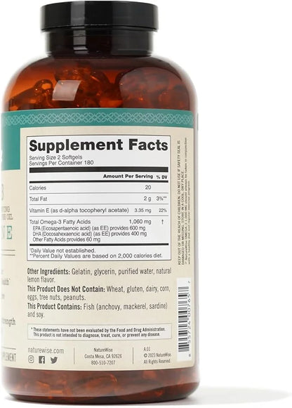 NatureWise Extra-Strength Omega 3 Fish Oil Supplement 1000mg per 600 EPA 400 DHA 360 Softgels[6-Month Softgels[6-Month Sup...