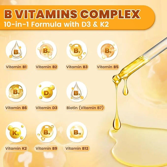 Vitamin B Complex Liquid Drops B B1, B2, B2, B3, B3, B6, B6, B7, B7, B12 B12 Biotin D3+K2 Supports 2 fl.