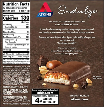 Atkins Endulge Chocolate Nutty Caramel Bar, Dessert Favorite, 2g Sugar, High in Fiber, Keto Friendly, 12 Count - Product I...