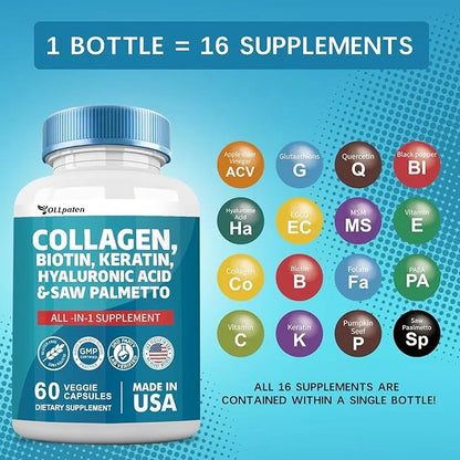 Collagen Pills 1000mg Biotin 10000mcg Keratin 2500mg Hyaluronic 60 Capsules