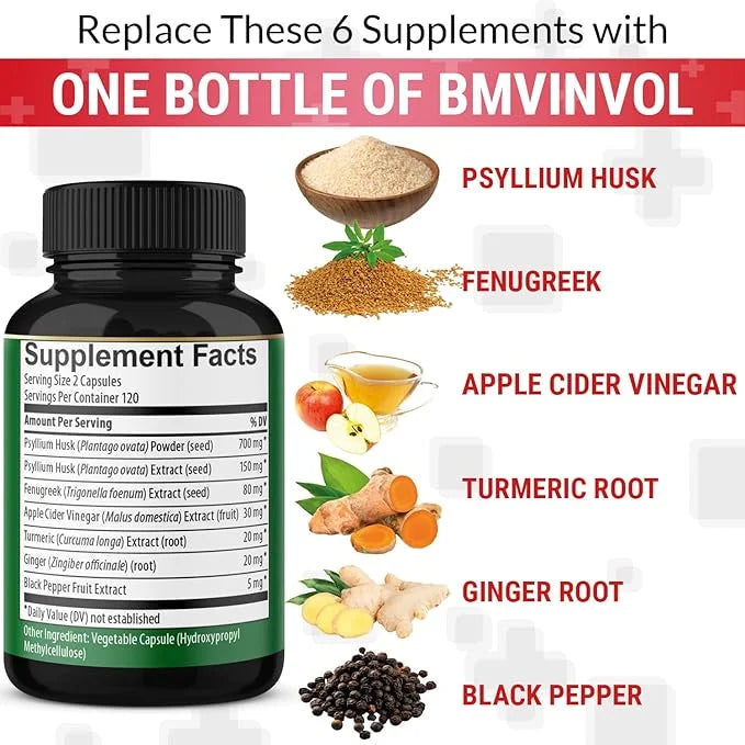 BMVINVOL Psyllium Husk Fiber Supplement 240 Capsules