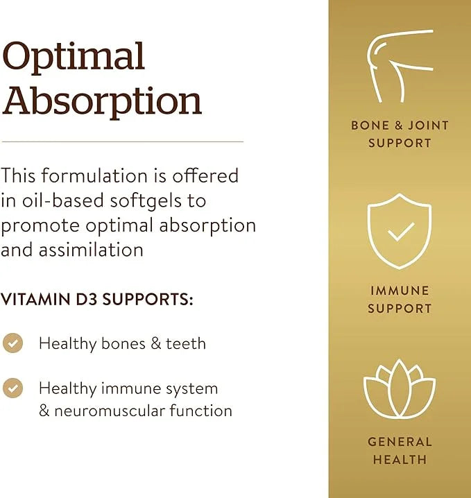 Solgar Vitamin D3 (Cholecalciferol) 125 MCG (5000 IU), 100 Softgels 100 Servings