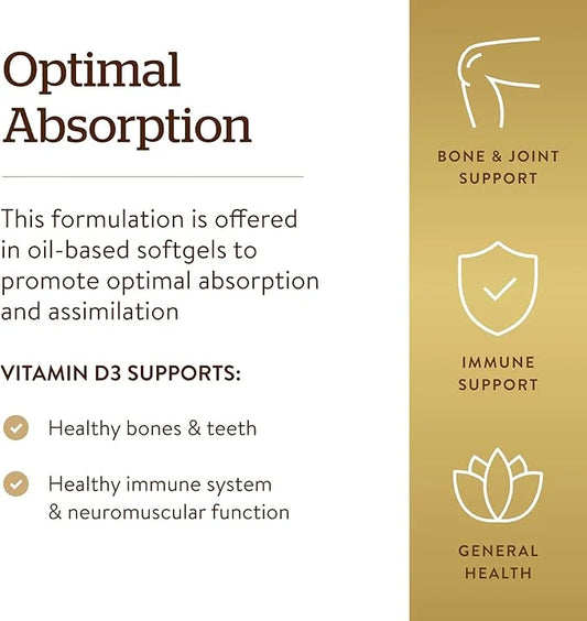 Solgar Vitamin D3 (Cholecalciferol) 125 MCG (5000 IU), 100 Softgels 100 Servings