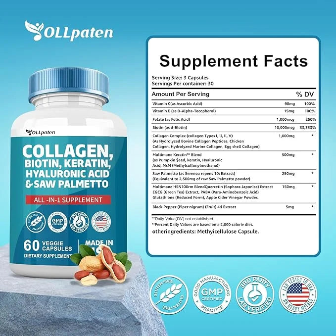 Collagen Pills 1000mg Biotin 10000mcg Keratin 2500mg Hyaluronic 60 Capsules
