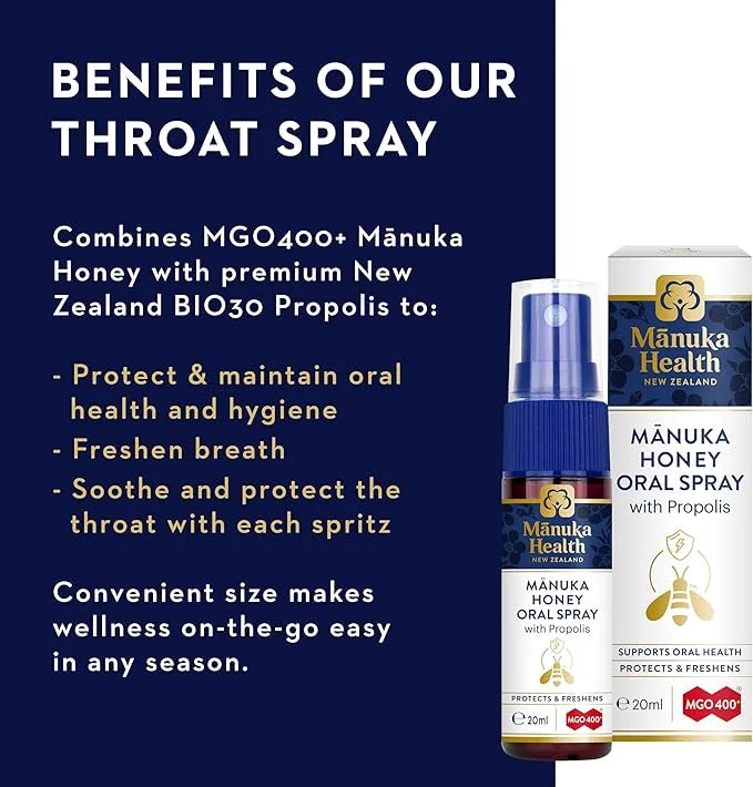 MANUKA HEALTH, Manuka Honey Throat Spray with Propolis .67 fl oz, Protects & Freshens, MGO 400+, BIO30 New Zealand Propoli...