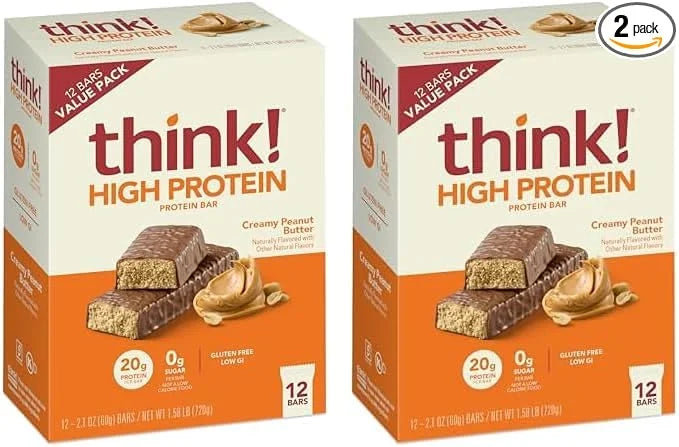 Think! Protein Bars, High Protein Snacks, Gluten Free, Sugar Free Energy Bar with Whey Protein Isolate, Creamy Peanut Butt...