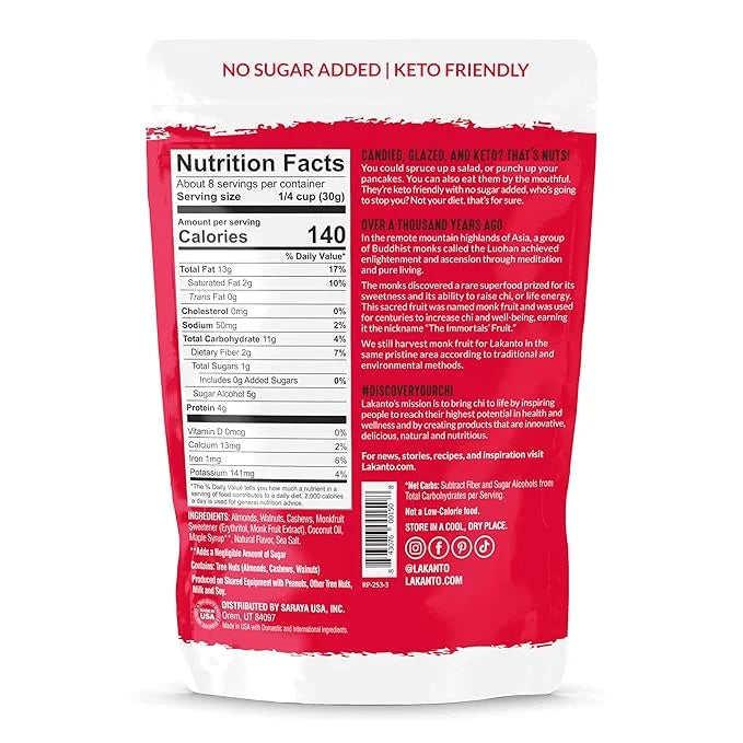 Lakanto Candied Nuts Maple Glazed - No Sugar Added, Sweetened with Monk Fruit, 3 Net Carbs, Keto Diet Friendly, Vegan, On ...