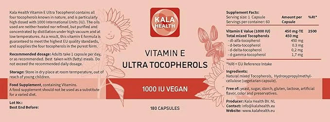 Kala Health Vitamin E 1000 IU 450mg Vitamin 4 Tocopherols