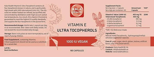 Kala Health Vitamin E 1000 IU 450mg Vitamin 4 Tocopherols