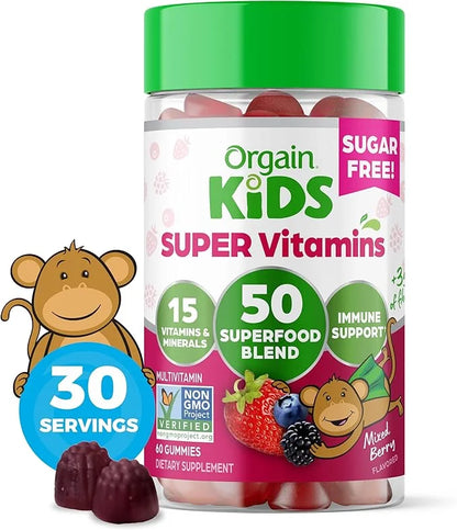 Orgain Kids Sugar Free Multivitamin Gummies, 50 Superfoods, 15 Vitamins 3g of 4+, 1 1 Month (60 Gummies)