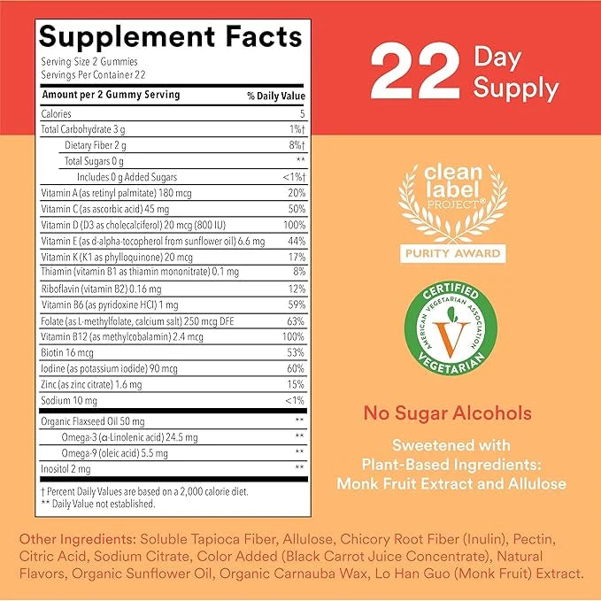 SmartyPants Kids Multivitamin Gummies, Sugar Free: 3 (ALA), D3, C, B12, B6, B6, Vitamin 44 Count (22 Day