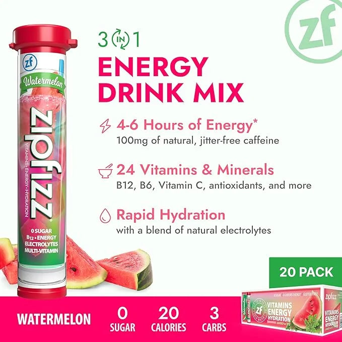 Zipfizz Daily Energy Drink Powder, Watermelon, 20 Pack | 3-in-1 Sustained Energy, Rapid Hydration, and Essential Vitamins ...