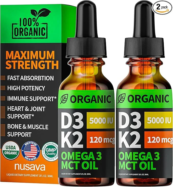 (2 Pack) Organic Vitamin D3 K2 Drops with MCT Oil, Omega 3, 5000 IU - Vitamin D Liquid, No Fillers, Non-GMO D3 for Body’s ...