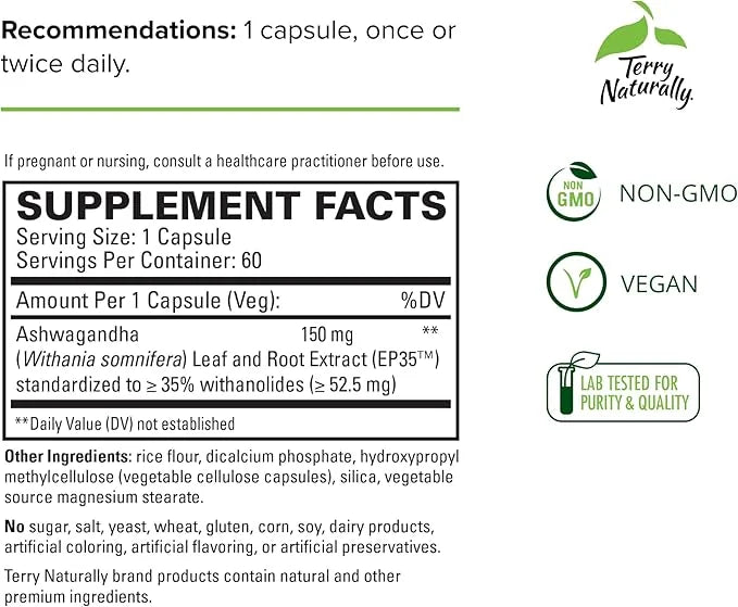 Terry Naturally Ashwagandha EP35 Extra Strength 60 Capsules, 2 - 120 Total
