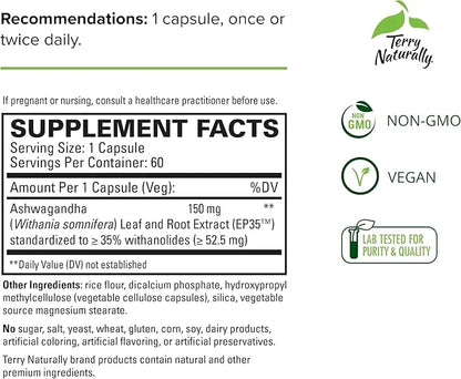 Terry Naturally Ashwagandha EP35 Extra Strength 60 Capsules, 2 - 120 Total