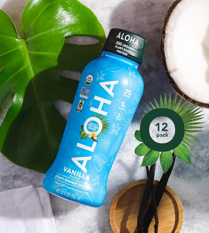 ALOHA Organic Plant Based Vanilla Ready to Drink Protein Shake w/MCT Oil (12 ct, 12oz Bottle) 20g Protein, Meal Replacemen...