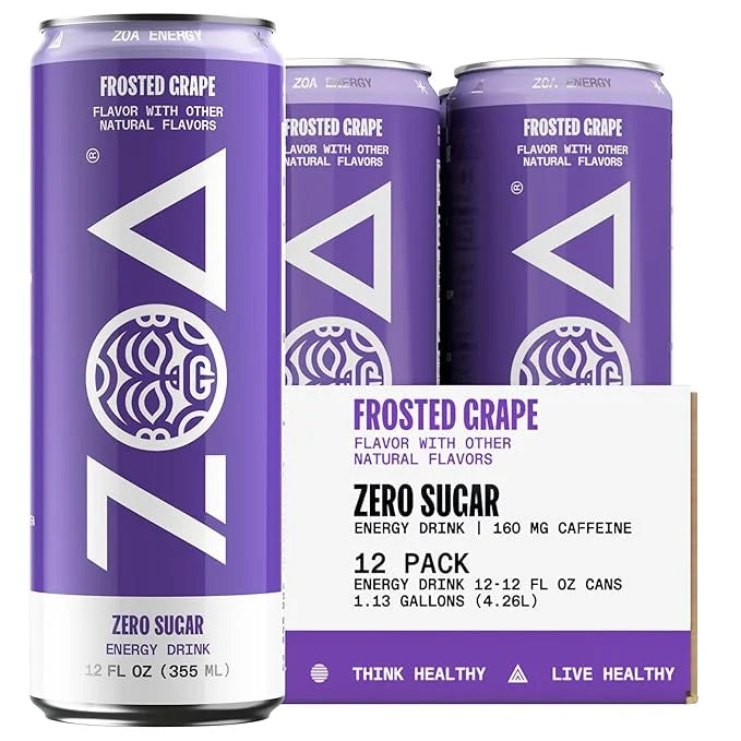 ZOA Zero Sugar Energy Drinks, Frosted Grape - Sugar Free with Electrolytes, Healthy Vitamin C, Amino Acids, Essential B-Vi...