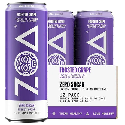 ZOA Zero Sugar Energy Drinks, Frosted Grape - Sugar Free with Electrolytes, Healthy Vitamin C, Amino Acids, Essential B-Vi...